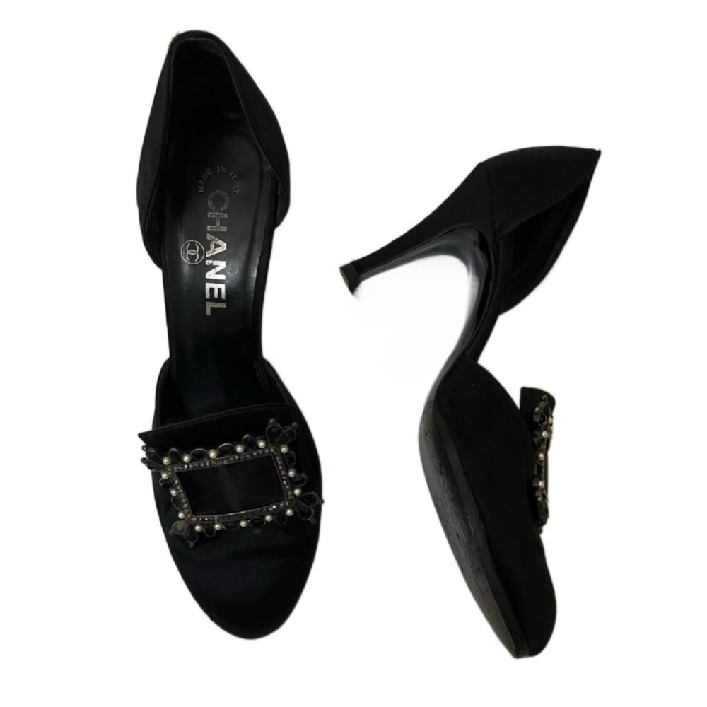 Chanel Black Satin 3.5" heels Gemstone buckle Size 36.5  (US size 6)